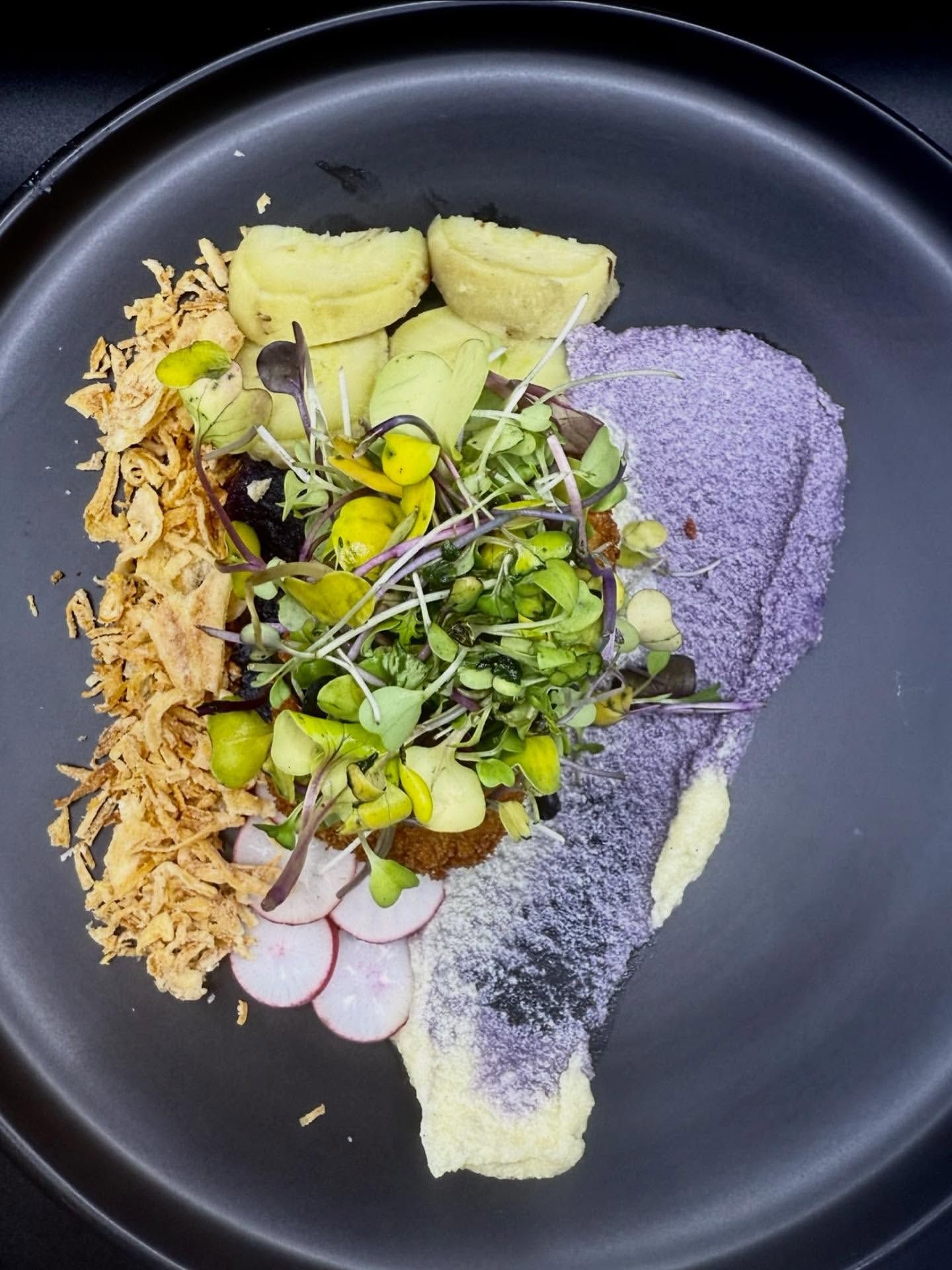 Plated dish with purple powder, fried element, and microgreens.